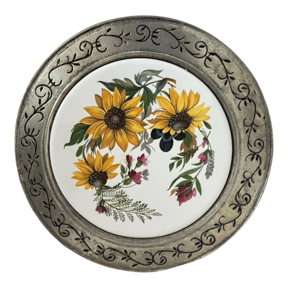 Vintage Pewter Ceramic Sunflower Trivet Wall Plaque Hanging Hot Pad Plate 10in